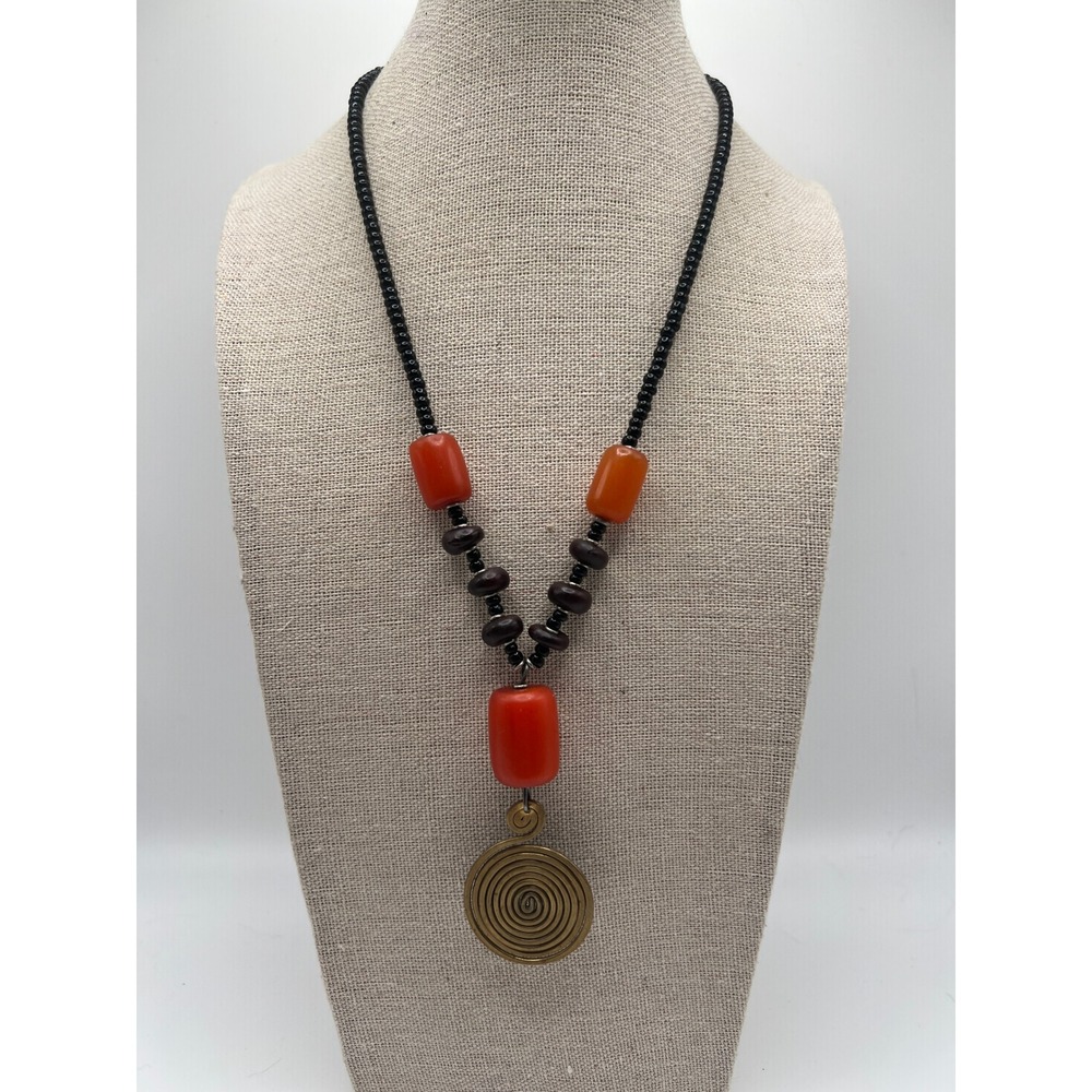 Boho Tribal Artisan Statement Necklace Spiral Pendant Orange Wood Beads 17.25in